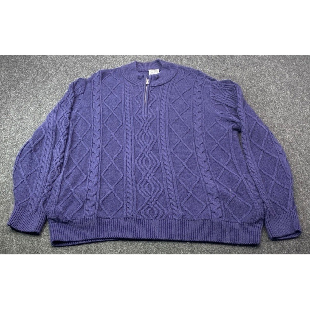 John Blair Quarter-Zip Sweater Mens L Purple Cable Knit Cotton Mock Neck Pockets
